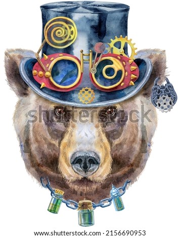 Bear portrait in steampunk hat with goggles. Watercolor brown bear painting illustration. Beautiful wildlife world