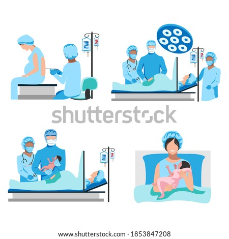 The doctor and nurses perform a caesarean section under epidural anesthesia. Surgery. Obstetrics and gynecology. Thanks to the doctors and nurses. Birth of a child. Set of vector illustrations isolate