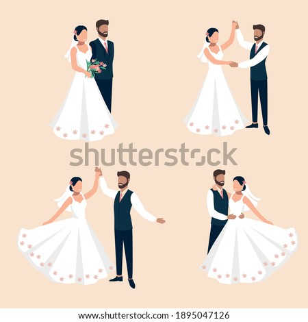 Set of vector illustrations of a happy bride and groom get married. Flat vector illustration of lovers man and woman in wedding clothes. Together forever. Isolated over white background. Сток-фото © 