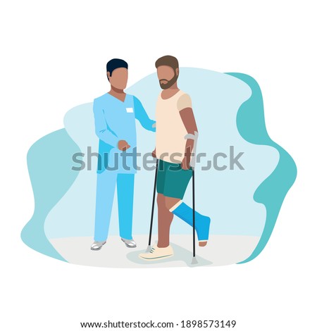 A nurse helps a patient with a broken leg walk on crutches. Doctor and patient. Flat background vector illustration.