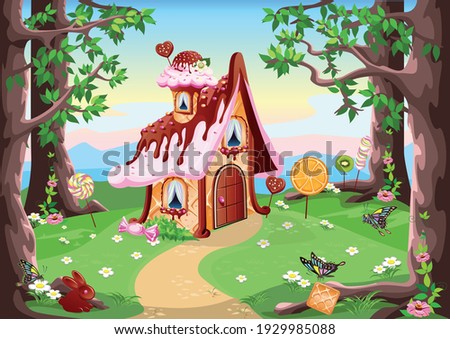 sweet little house with chocolate, waffles and cookies, decorated with sweets, stands in a forest glade. Fairy tale background with gingerbread house in cartoon style vector illustration.