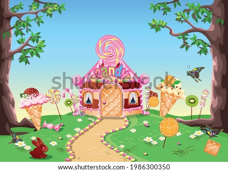 sweet little house with chocolate, waffles and cookies, decorated with sweets, stands in a forest glade. Fairy tale background with gingerbread house in cartoon style vector illustration.