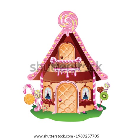 Sweet house with waffle door, caramel balcony, chocolate and decorated with sweets. Fairy tale vector illustration of a house from a candy land.