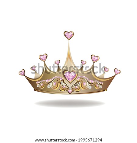 Princess crown or tiara with pearls and pink gems in the shape of a heart vector illustration isolated on white background.