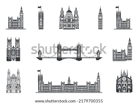 Big collection of London landmarks icons. St. Peter's Cathedral, Westminster Abbey, Big Ben, Tower Bridge. English architecture. Gothic. Vector illustration.