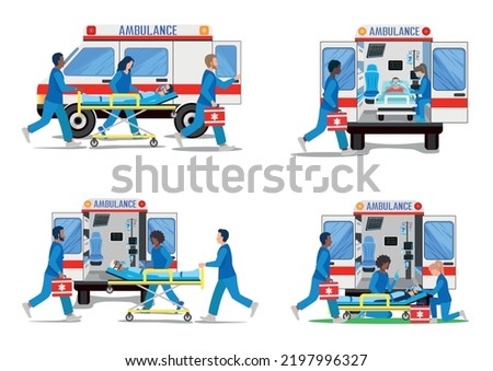 Vector set of illustrations of a medical team assisting a patient. Ambulance, emergency medical care. Thank you doctors and nurses. Urgent hospitalization.