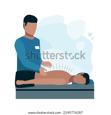 Acupuncture treatment in the salon. Alternative medicine. Eastern medicine. Vector illustration isolated on white background.