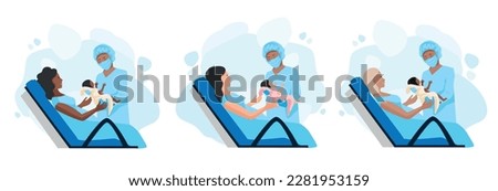 A pregnant woman gives birth to a child in a maternity hospital. Obstetrics and gynecology. Birth of a child. Thank you doctors and nurses. Set vector illustration on abstract minimalistic background.