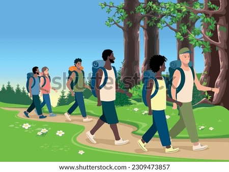 Friends go hiking along the path against the backdrop of a beautiful landscape. Men and women travel and vacation together. Active lifestyle. Camping. Vector illustration in a simple style.