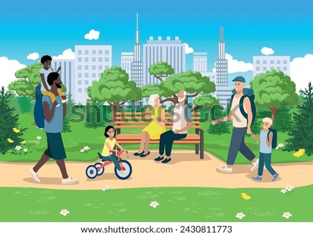 People of different ages and nationalities take a walk in the park. Families with children, elderly and young couples, friends spend time together. Vector horizontal illustration.