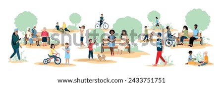 People of different ages and nationalities take a walk in the park. Families with children, elderly and young couples, friends spend time together. Vector horizontal illustration.