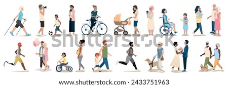 People of different ages and nationalities on a walk. Families with children, old and young couples, mothers with children, athletes, friends spend time together. Big vector set of active people.