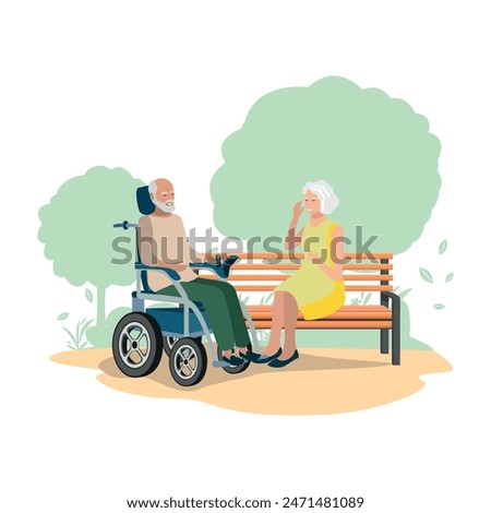 Happy elderly couple with electric wheelchair walking in the park. Rehabilitation and adaptation of people with disabilities. Vector illustration on a white background.