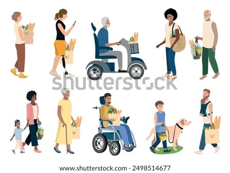 Happy people of different gender, age and race, people in electric wheelchairs, walking and riding with groceries from the store. Set of vector illustrations on a white background.