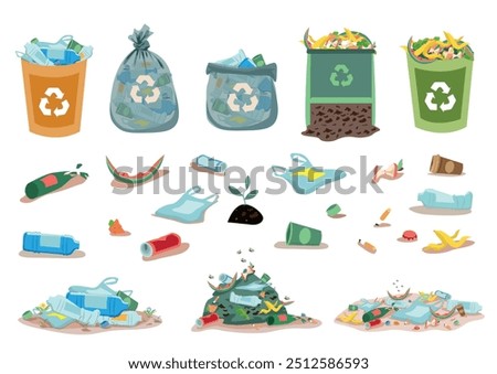 Set of various plastic garbage, food waste in a container, bag, pile and separately. Sorting, recycling and processing of waste. Take care of the environment. Vector illustrations.