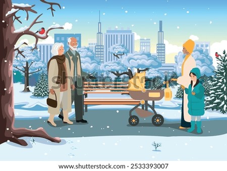 People of different ages and nationalities walk in the autumn park. Families with children, elderly and young couples, friends spend time together. Vector horizontal illustration.