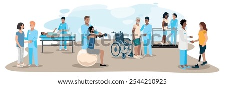 Happy patients of different ages, genders and nationalities undergo orthopedic rehabilitation with a physiotherapist. Rehabilitation center. Health recovery after illnesses and injuries. Flat vector i