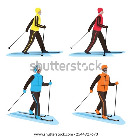 Set of happy elderly men and women skiing. Active seniors. Winter sports outdoors. Vector illustration in flat style.