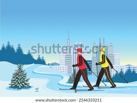 Happy elderly couple skiing outside the city. Active seniors. Winter sports outdoors. Vector illustration in flat style.