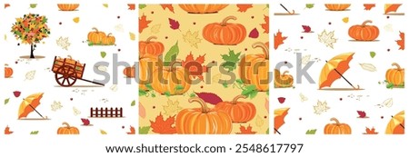 Seamless wallpaper with autumn leaves, ripe pumpkins, orange umbrella, falling tree, wooden wheelbarrow filled with pumpkins. Set of three square vector backgrounds for Thanksgiving.