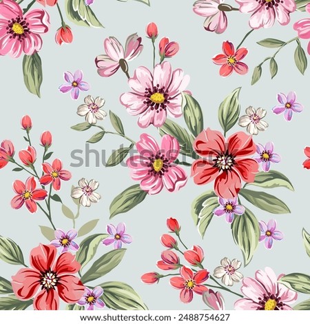 Sweet colorful flowers, red, pink, hand drawn, seamless, on a romantic light background. Designed for fabric, fashion, textiles, wallpaper, gift wrap.