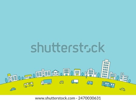 Background illustration of a cityscape with cars and buses. Copy space flat vector material.