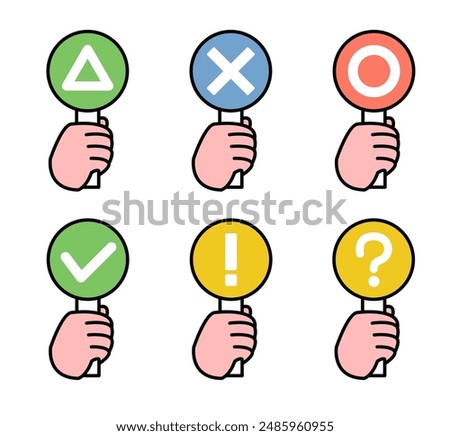 Set of illustrations of hands holding answer cards with round triangles, checks, questions, and expressions of surprise