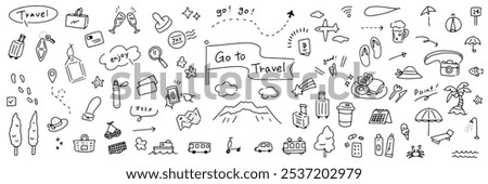 Hand drawn travel illustrations. Fun and cute set of illustrations. Summer vacations, beaches, shopping, dining and transportation.