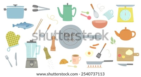 Vector illustration of cooking utensils and ingredients. Set of pots, pans, mixers and other kitchen tools. Cooking preparation and procedures, tea and meal times.