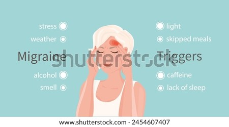 The woman has migraine. Vector flat illustration. Migraine triggers described. Realistic illustration. Headache. An unhealthy woman in pain. Facepalm illustration.