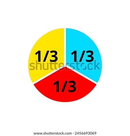 Divided Circle to 3 parts. Fractional numbers in math. Vector image.