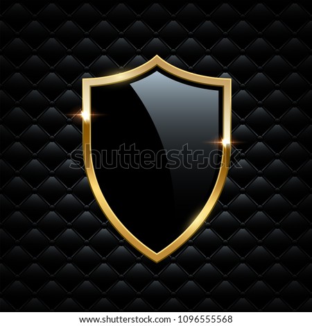 Black shield with golden frame isolated on VIP background. Vector luxury design element.