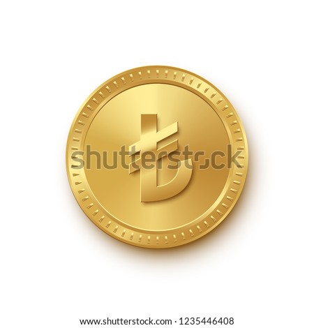 Golden coin with Turkish lira symbol isolated on white background. Vector finance icon