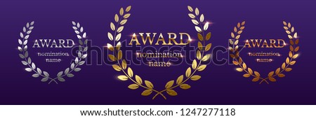 Golden, silver and bronze award signs with laurel wreath isolated on purple background. Vector award design templates