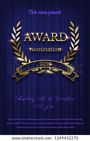 Golden award sign with laurel wreath and ribbon isolated on blue curtain background. Vector vertical award ceremony invitation template