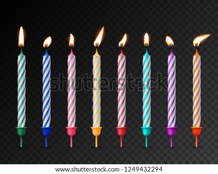 Birthday cake candles with burning flames isolated on dark transparent background. Vector design elements