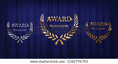 Golden, silver and bronze award signs with laurel wreath isolated on blue curtain background. Vector award design templates