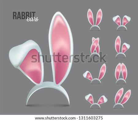 Rabbit ears realistic 3d vector illustrations set. Easter bunny ears kid headband, mask collection. Hare costume pink cartoon element. Photo editor, booth, video chat app color isolated cliparts