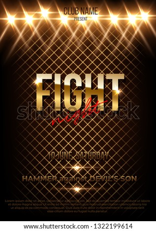 Fight night vector poster template with text space. MMA, wrestling, boxing banner layout with copyspace. Spotlights, projectors effect. Glossy, shiny, stylized lettering. Championship, competition