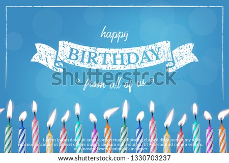 Birthday blue greeting card vector template. 3d realistic cake candles with bokeh lights background. Happy birthday from all of us calligraphy. Holiday banner, poster, invitation design idea with text