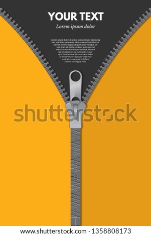 Clothing fastener color verticalvector web banner template. Close and open grey zipper illustration. Sewing and tailoring accessories store poster layout with text space. 