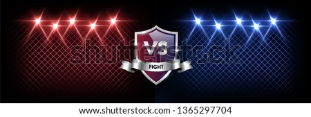 Battle vector banner concept. Competition illustration with glowing grunge silver shield with versus symbol and spotlights. Night club event promotion. MMA, wrestling, boxing fight poster