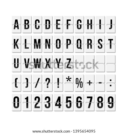 Flipboard style alphabet vector illustration. Airport terminal, arrival board with letters and numbers template. Realistic flip scoreboard, analog timetable font. Flight destination display