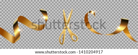 Golden scissors cut ribbon realistic illustration. Grand opening ceremony symbols, 3d accessories on transparent background. Traditional ritual before launching new business, campaign