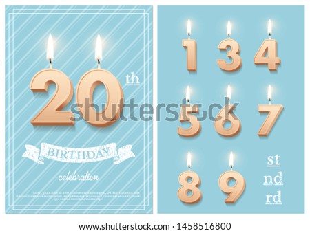 Burning number 20 birthday candles with vintage ribbon, birthday celebration text on textured blue backgrounds postcard format. Vector vertical twentieth birthday invitation template and numbers set
