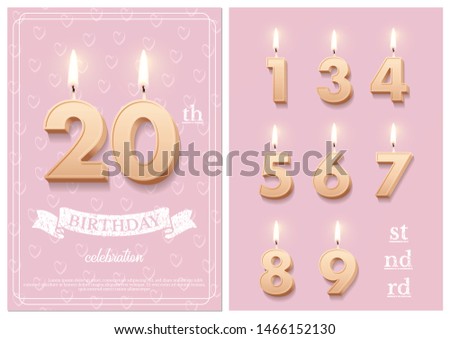 Burning number 20 birthday candles with vintage ribbon, birthday celebration text on textured pink backgrounds postcard format. Vector vertical twentieth birthday invitation template and numbers set