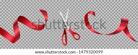 Red scissors cut ribbon realistic illustration. Grand opening ceremony symbols, 3d accessories on transparent background. Traditional ritual before launching new business, campaign
