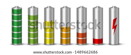 Battery charging realistic vector illustration set. Discharged electric power source 3D isolated cliparts pack on white background. Fully charged, battery loading process design elements collection