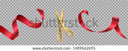 Golden scissors cut red ribbon realistic illustration. Grand opening ceremony symbols, 3d accessories on transparent background. Traditional ritual before launching new business, campaign