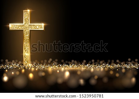 Gold prayer cross realistic vector illustration. Luxurious jewelry, elegant accessory under golden glitter rain. Precious metal jewel on black background. Christian faith, catholic religion symbol